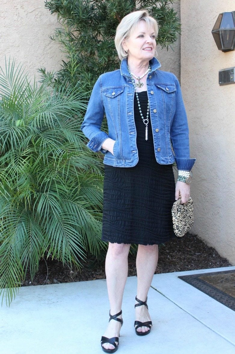 Jennifer Connolly of A Well Styled Life styling a black dress and denim jacket