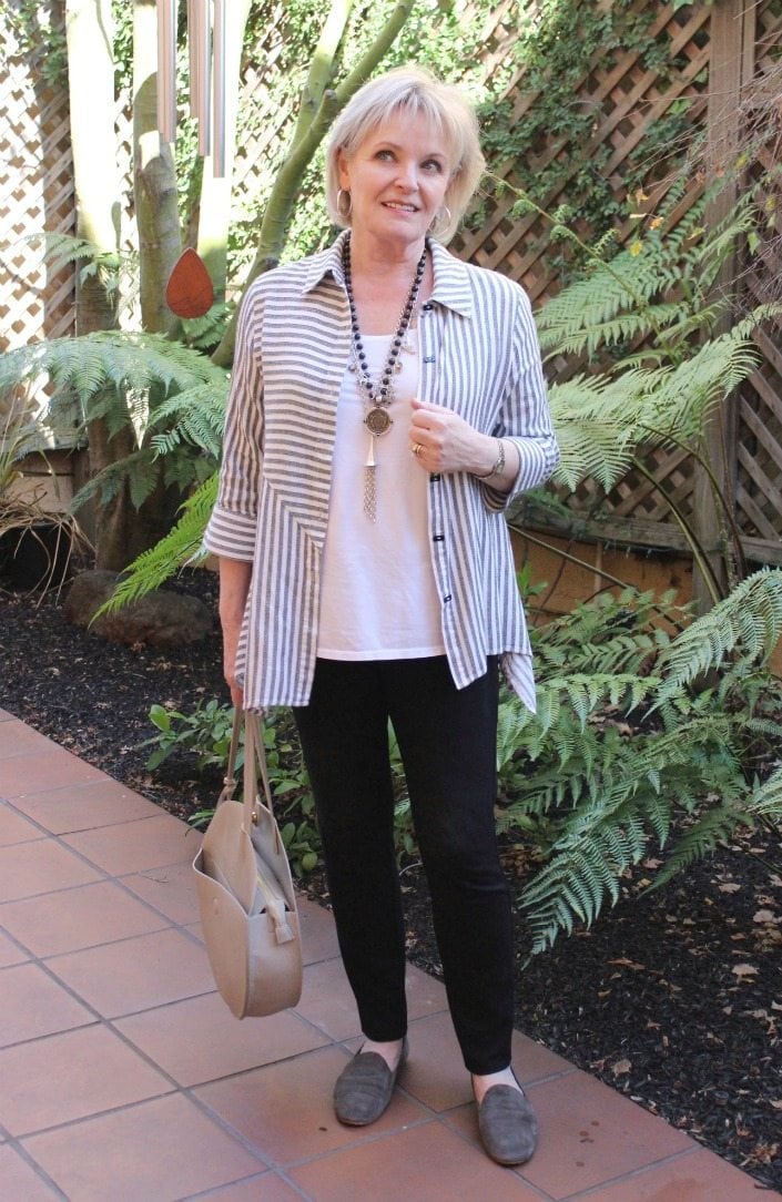 Jennifer Connolly of A Well Styled life wearing striped tunic from Soft Surroundings