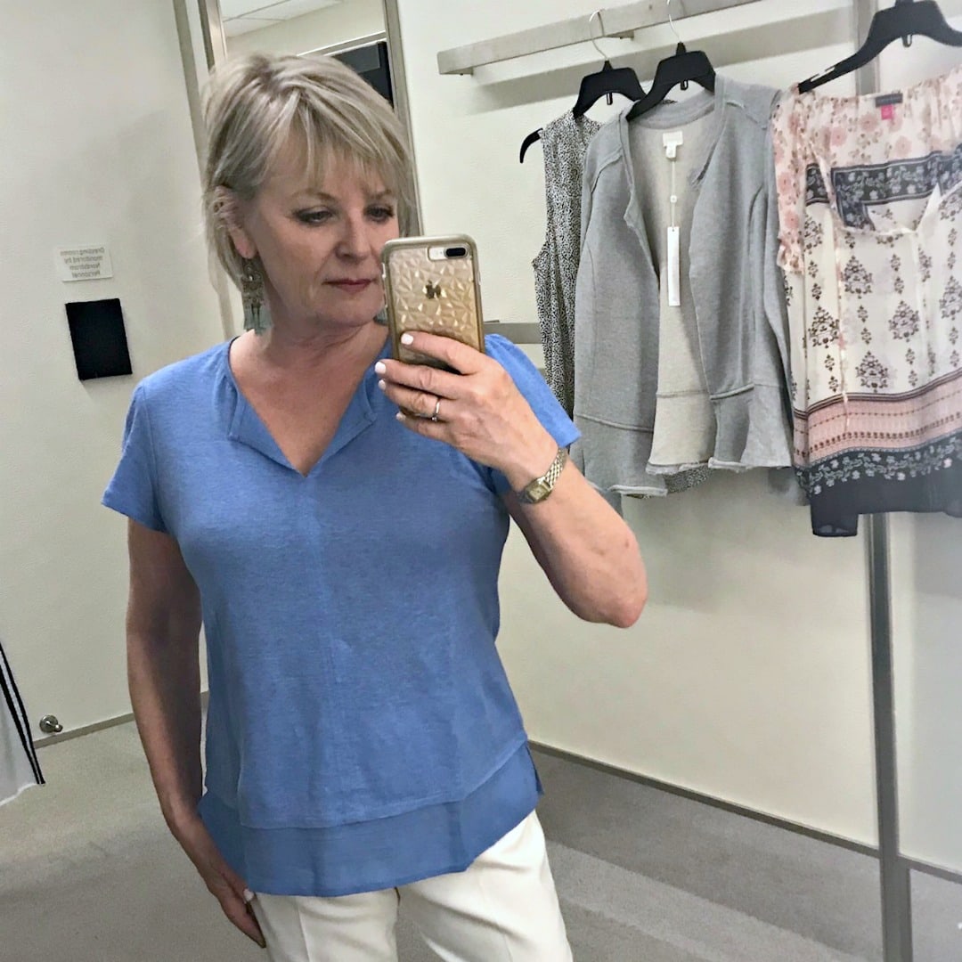 Jennifer Connolly of A Well Styled Life modelingUptown Tiered Hem Linen Tee by Santuary at Nordstrom