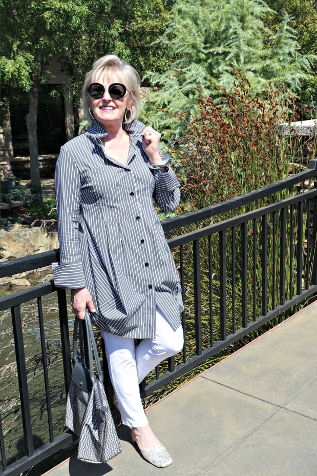 Jennifer Connolly of A Well Styled Life modeling Tokyo Shirt by Comfy from Artful Home