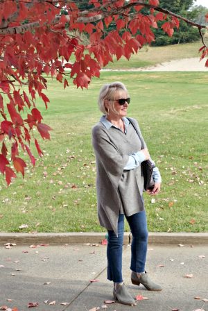 Gray cashmere poncho over double denim on A Well Styled Life