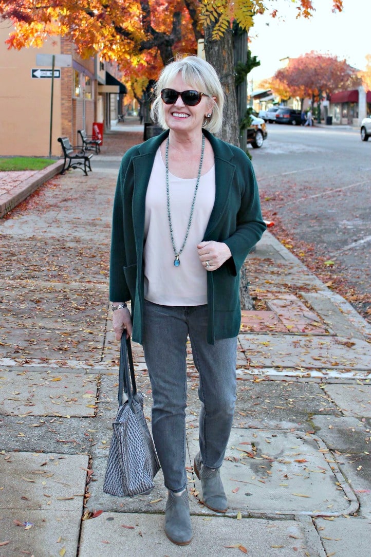 Jennifer Connolly of a well styled life wearing green sweater jacket from J.Crew with gray jeans