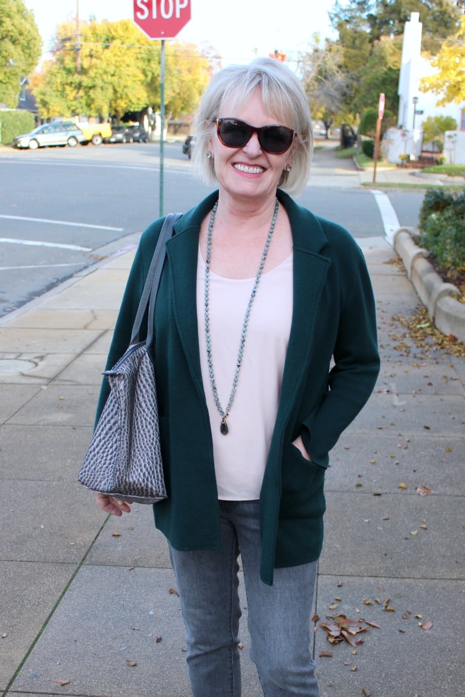 jennifer connolly of a well styled life styling green sweater jacket from J.Crew