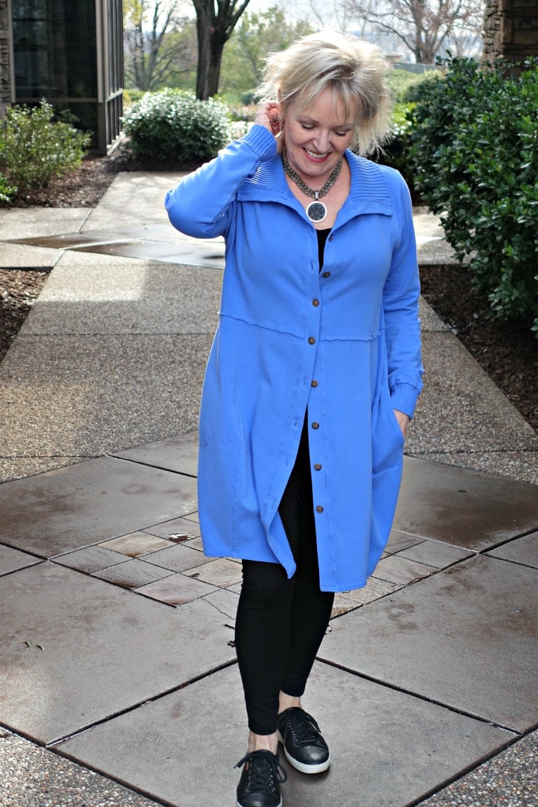 tunic jacket over leggings on Jennifer Connolly