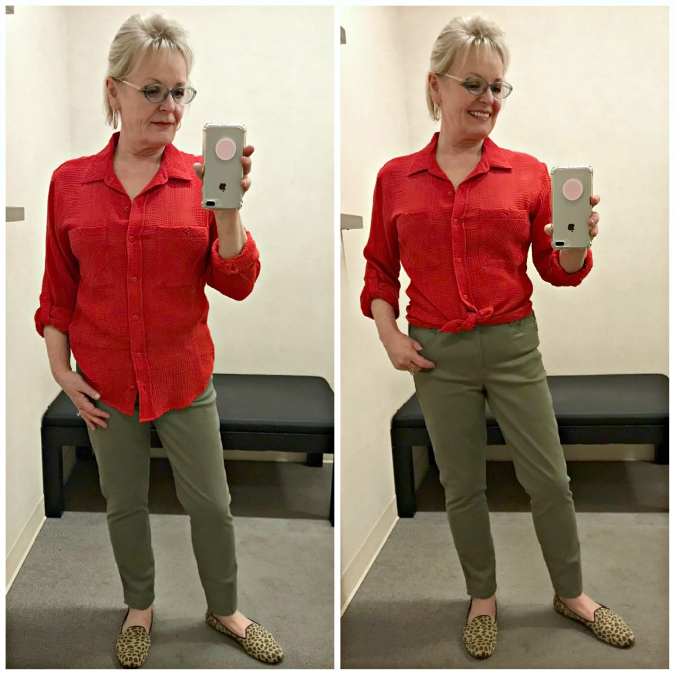 style blogger Jennifer Connolly showing red Santuary boyfriend shirt styled long and tied at the waist over Wit and Wisdom jeans