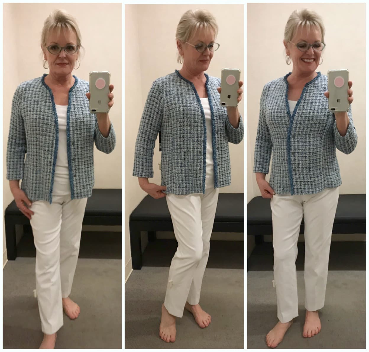 Jennifer Connolly in the dressing room at Nordstrom wearing Nic+Zoe tweed jacket over white tank and white pants