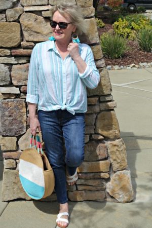 over 50 blogger Jennifer Connolly of A Well Styled Life wearing casual striped shirt and blue jeans from Walmart