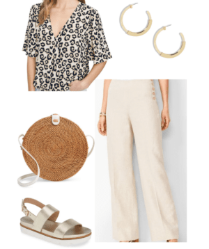 collage showing how to wear spor tsandals with linen pants, ;eopard top, resin earrings and rattan cross body bag on A Well Styled Life
