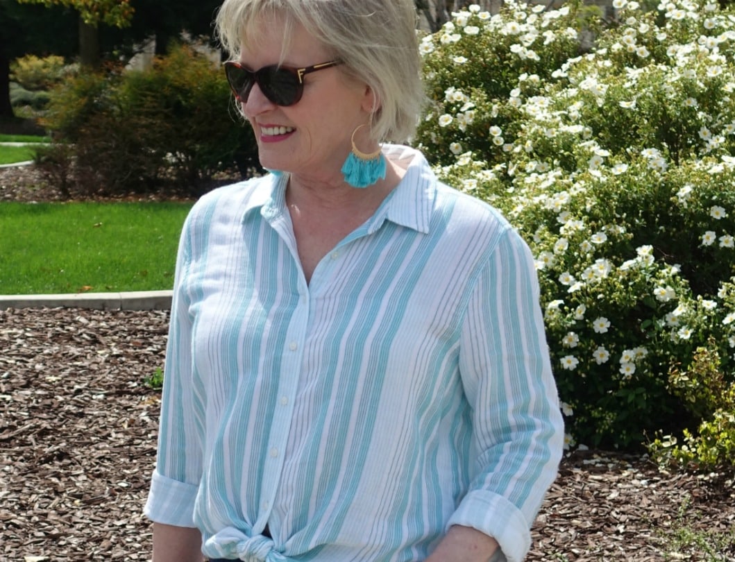 aqua boho tassel earrings on Jennifer Connolly of A Well Styled Life