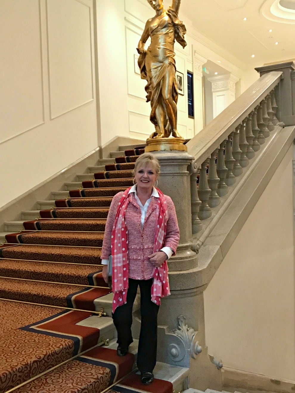 Jennifer Connolly of A Well Styled Life wearing pink tweed jacket from Chico's with Eileen Fisher pants and Talbots no-iron white shirt