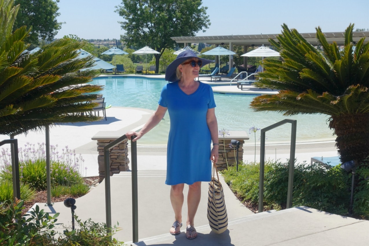 Jennifer Connolly of A Well Styled Life wearing Time and Tru dress, Sam Edelman Thongs sandals and floppy blue hat from Walmart