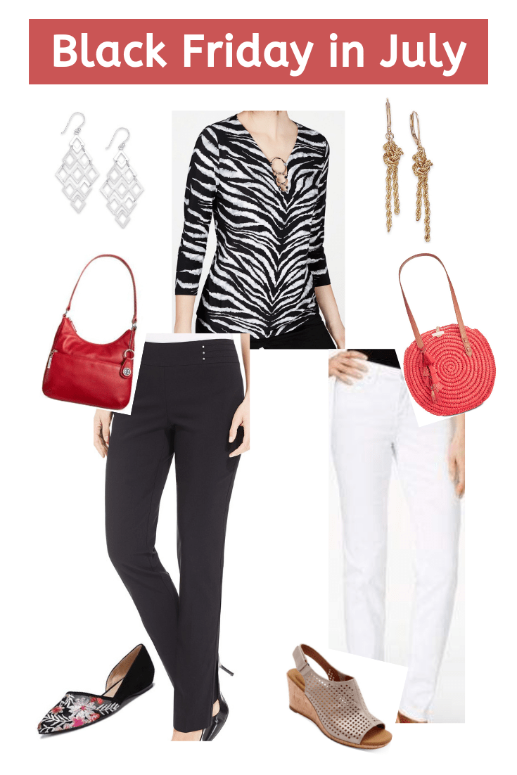 flat lay of zebra top , white jeans, black pants and red handbags from Macy's on A Well Styled Life