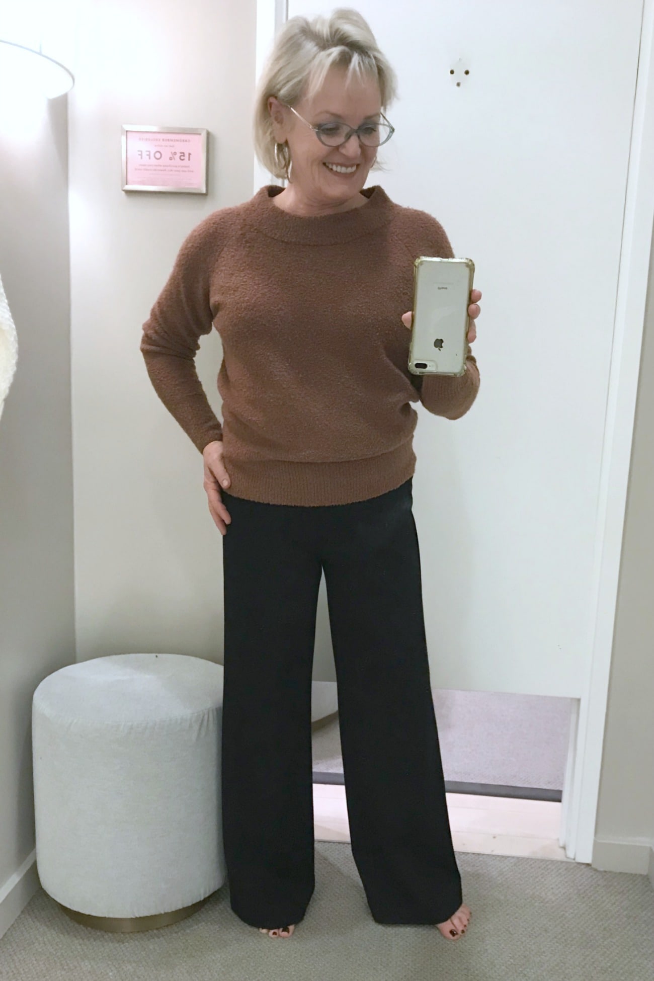 wide leg pants ans brown sweater from Ann Taylor on Jennifer Connolly of A Well Styled Life