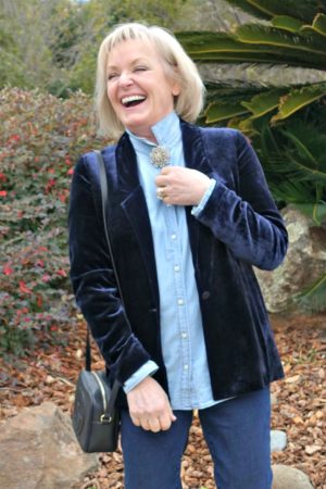 Jennifer Connolly of A Well Styled Life wearing blue velvet blazer over chambray and denim