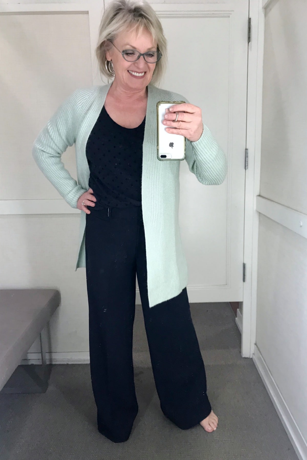 navy top and trousers with mint cardigan from Loft modeled by Jennifer Connolly of A Well Styled Life