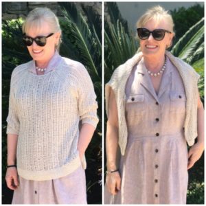 side by side comparision of open knit sweater on over 50 blogger Jennifer Connolly