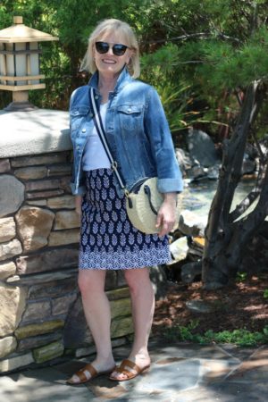 Jennifer Connolly styling casual outfit with denim jacket from Talbots