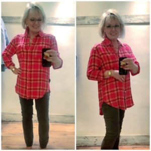 jennifer connolly wearing plaid shirt and cords in Anthropologie dressing room