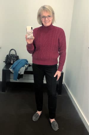 jennifer of a well styled life wearing cabled sweater at banana republic