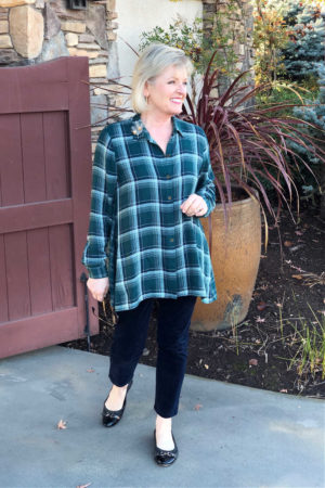 plaid shirt and nacy cords on jennifer of a well styled life
