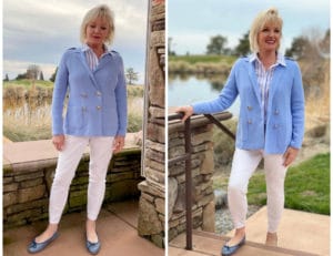 woman showing two views of blue sweater over white jeans