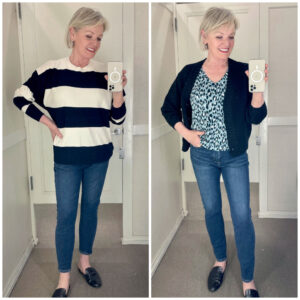 fashion blogger showing two versions of skinny jeans in dressing room mirror