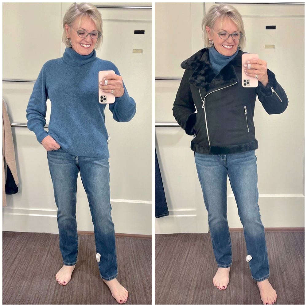 woman wearing blue aire wool sweater and jeans from banana republic