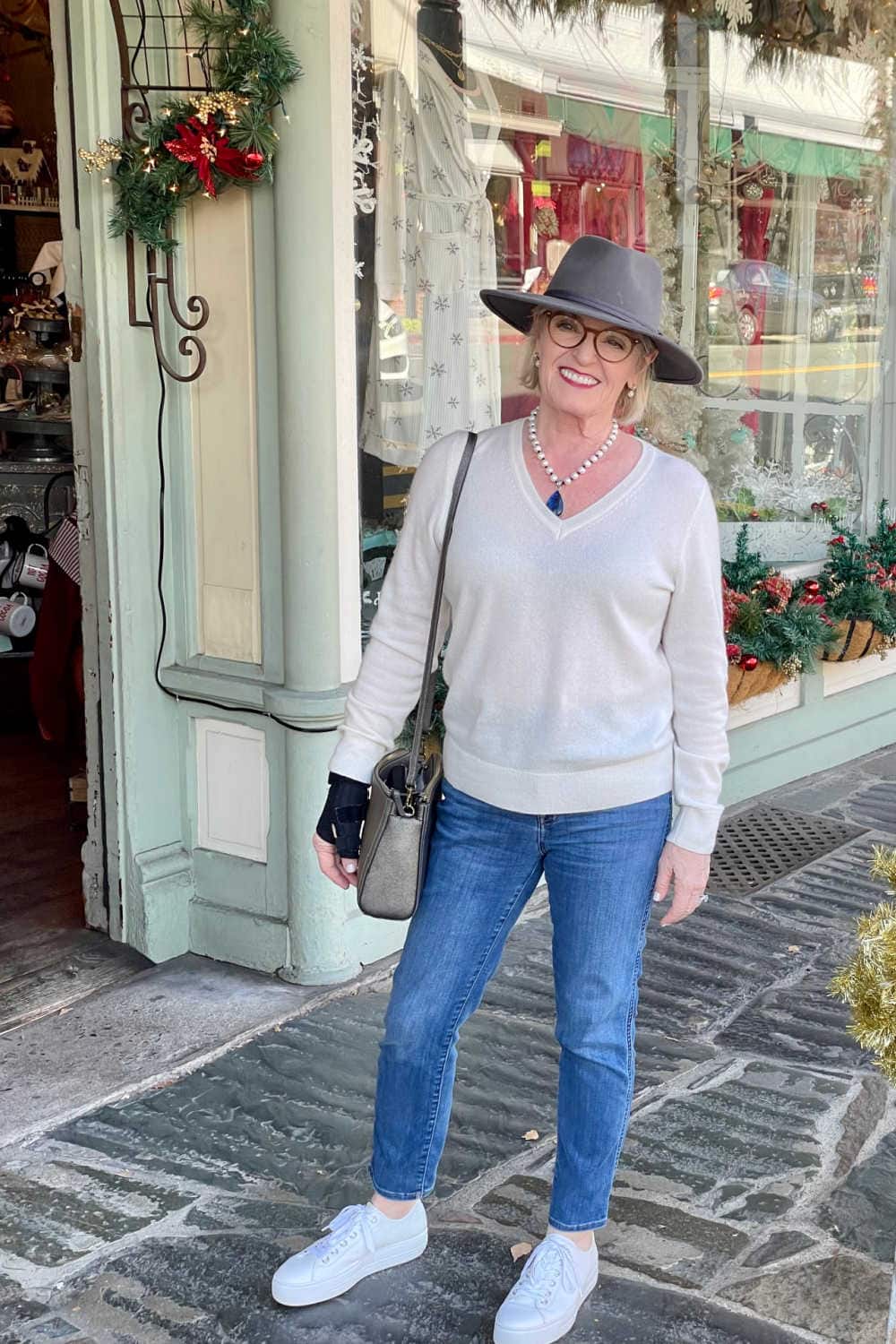 woman wearing sweater and jeans in sutter creek, CA