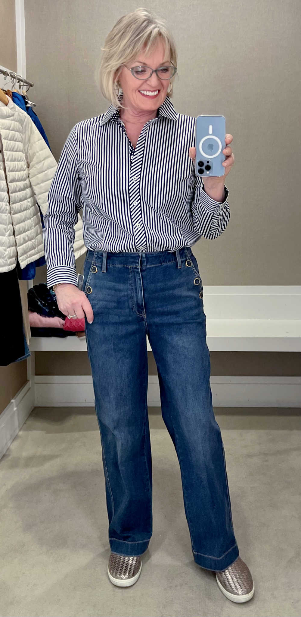stripe shirt and wideleg jeans