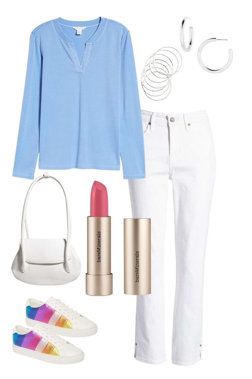 pop of color in sneakers with white jeans outfit