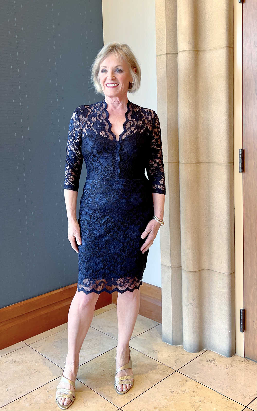 women over 50 wearing blue lace dress for special occasion