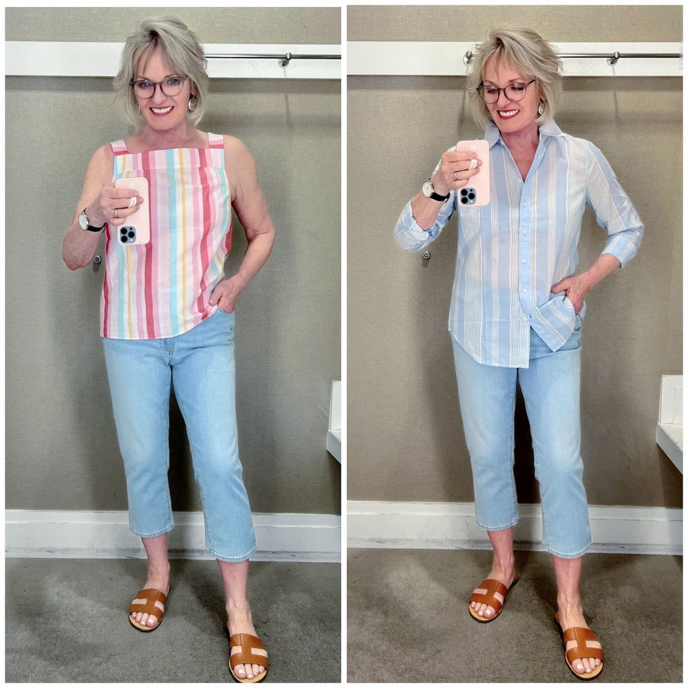woman in side by side showing cropped jean proportions