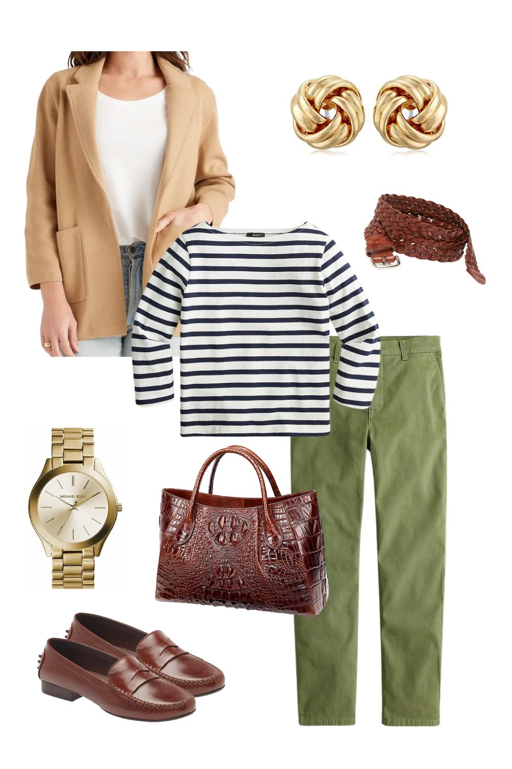 affordable outfit with penny loafers and breton top