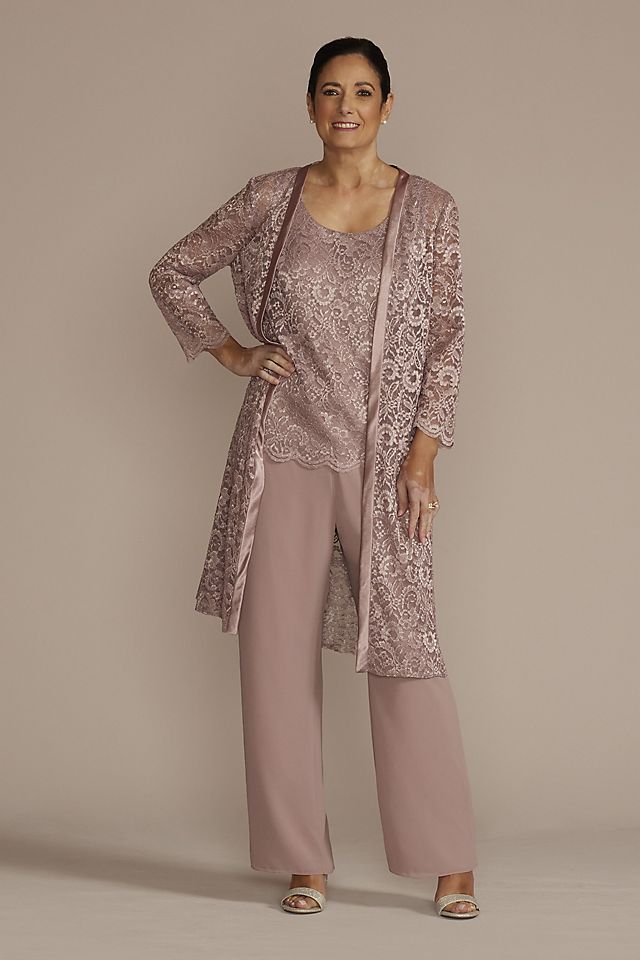 Three Piece Embroidered Sequin Lace Pants Suit