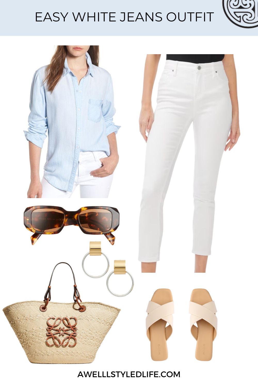chambray shirt and white jeans outfit with straw tote and cross slide sandals