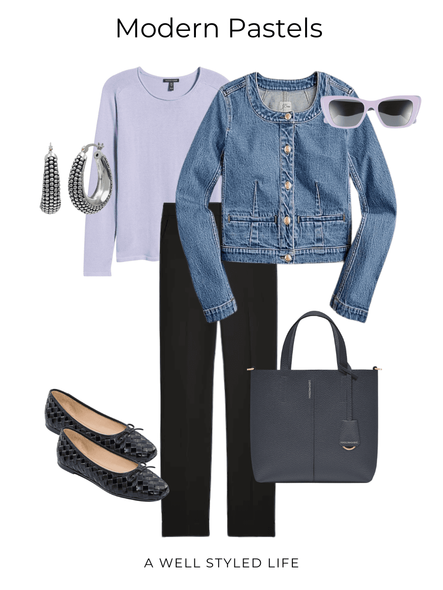 outfit with pastel lavender sweater and denim jacket