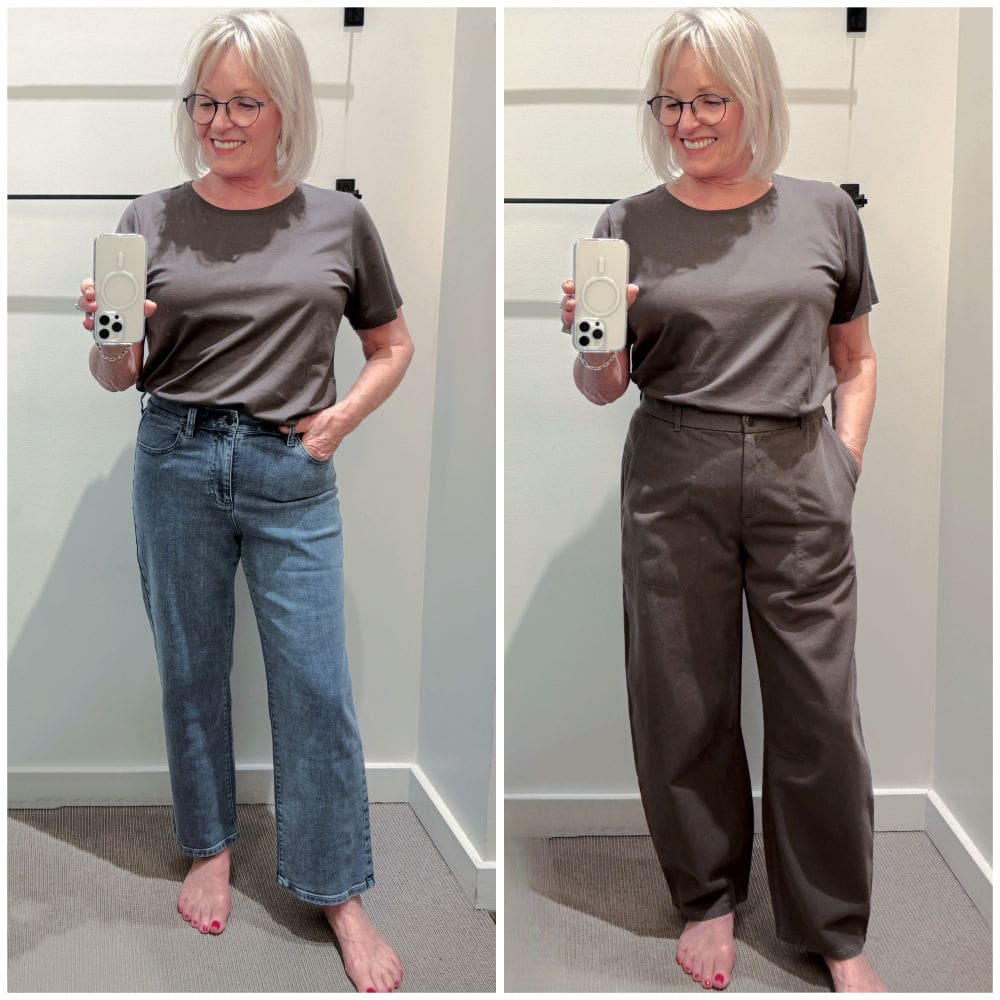 Jennifer wearing a rye-colored Pima cotton tee showing side-by-side view of Pima cotton tee styled with denim and relaxed barrel-leg Arch pants.

