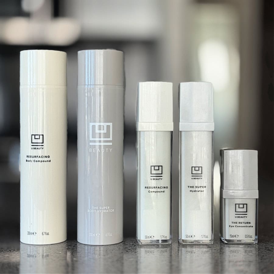 line up of u beauty products for mature skin