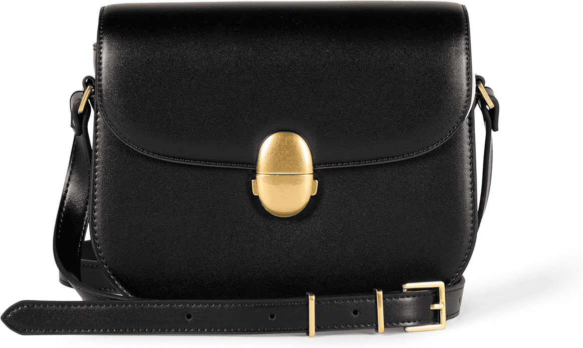 Amazon Essentials Crossbody Flap Bag in black with simple flap design, lightweight body, and everyday size.