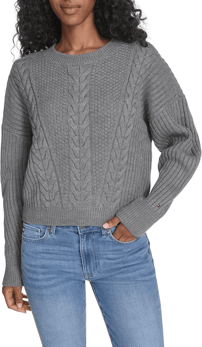 Tommy Hilfiger Womens Solid Cable Crewneck Bobbi Pullover Sweater