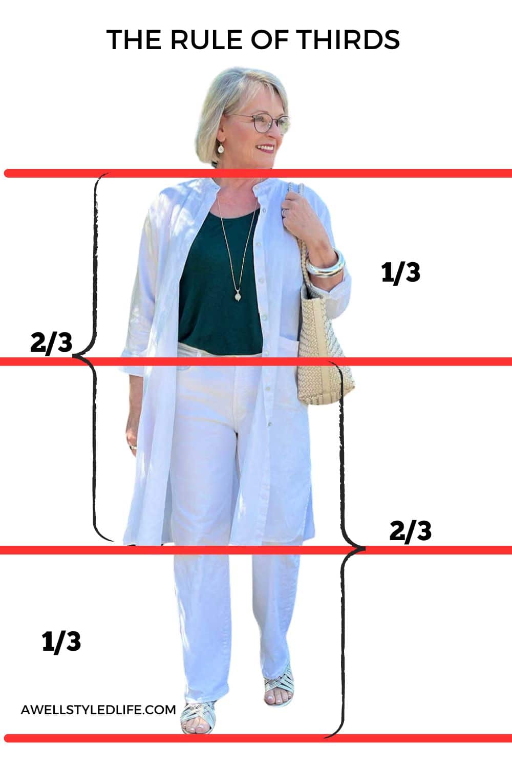 image showing the rule of thirds in an outfit to help short legs look longer