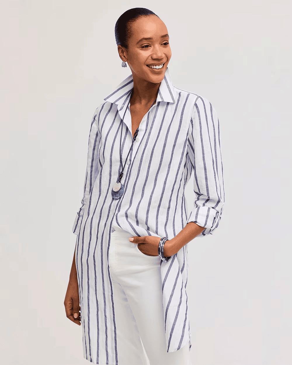 Chicos Linen Metallic Striped Duster Shirt