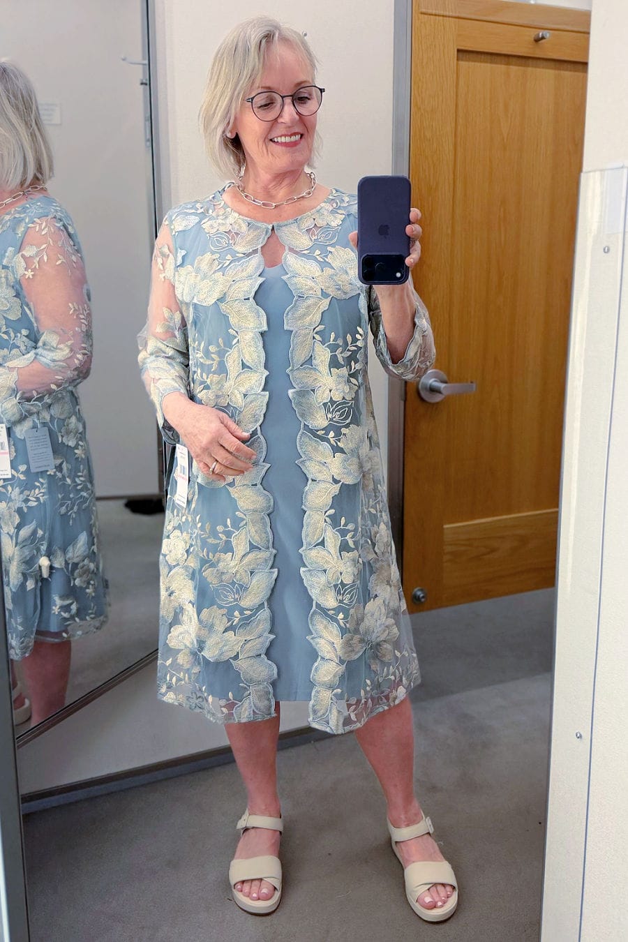 Embroidered Mock Jacket Cocktail Dress in Iced Aqua embroidered cocktail dress with attached lace jacket