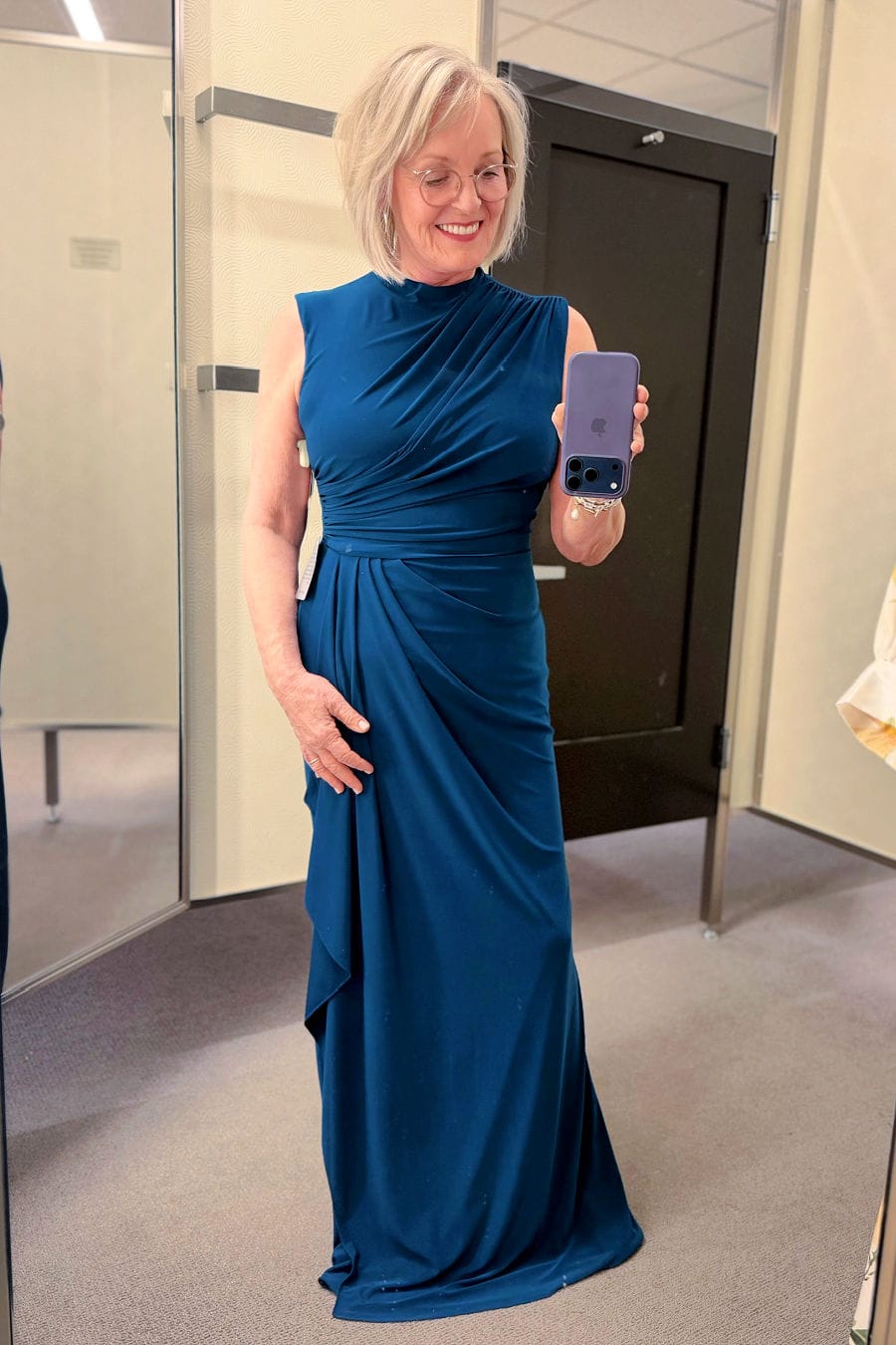 special occasion dress by Betsy & Adam in Mallard blue ruched sleeveless evening gown
