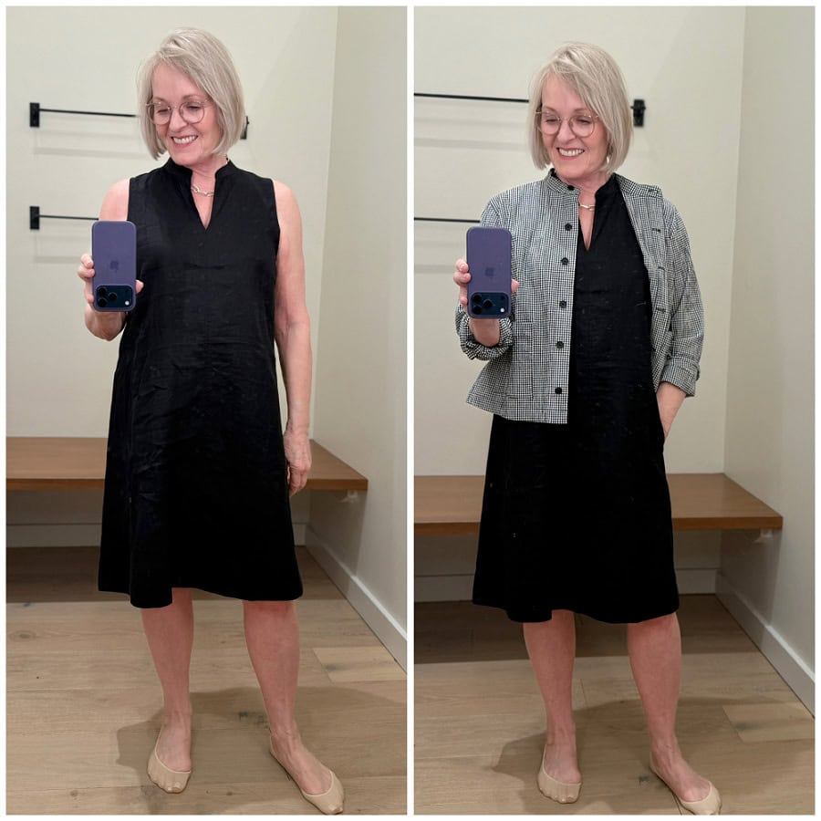 jennifer connolly from a well styled life wearing new dress and jacket from eileen fisher 2026 spring collection