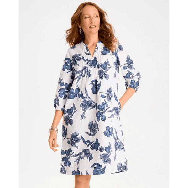 Chicos Floral Linen-Cotton Pintuck Dress