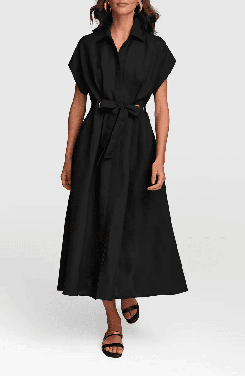 Donna Karan Drawstring Waist Linen Blend Shirtdress