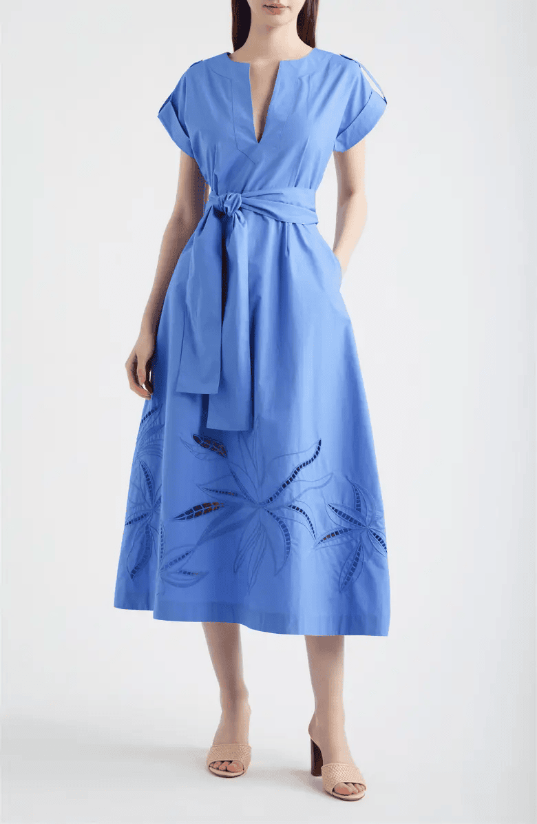 Vince Camuto Ladder Stitch Embroidered Tie Belt Cotton Poplin Midi Dress