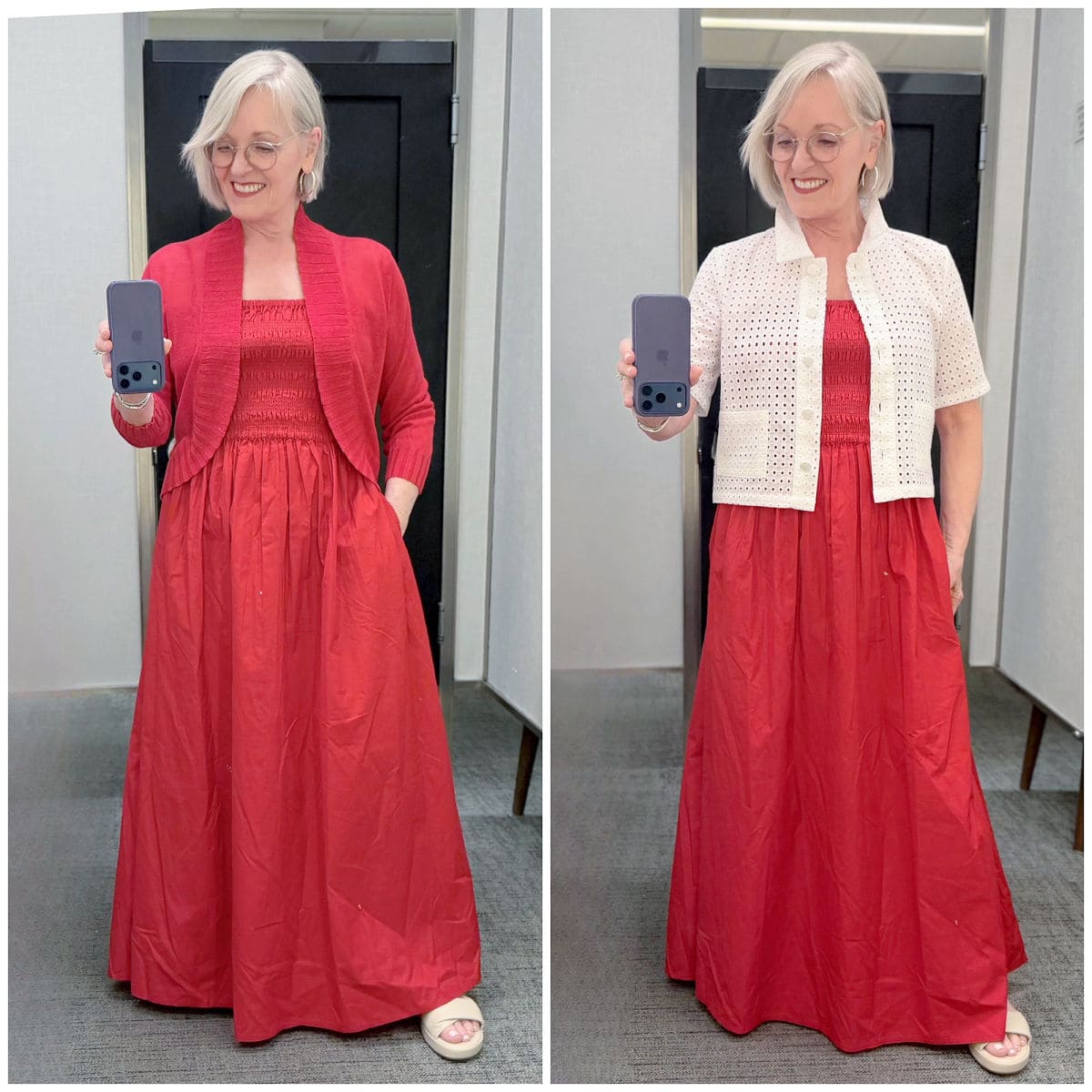 Side by side images showing how to style a short red linen cardigan over a dress for chic summer arm coverage.