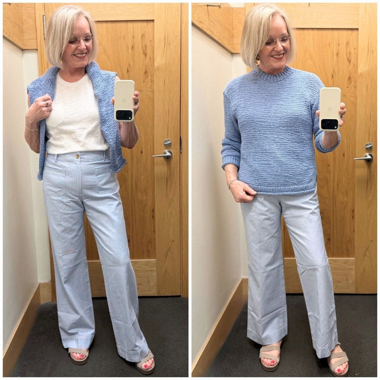 woman wearing blue sweater and striped pants from J.Crew August try-on